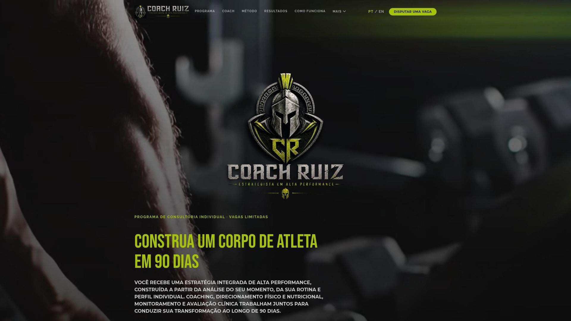 Página inicial do site do programa Coach Ruiz: Construa um corpo de atleta em 90 dias
